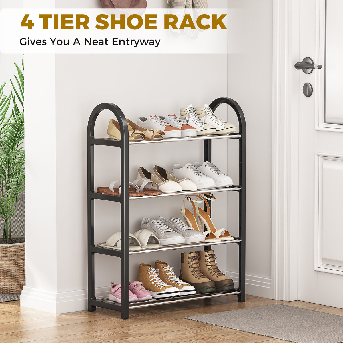 4 Tier Shoe Rack for Closet, Space-Saving & Durable Shoe Organizer, Easy Assembly Black 12 Pair Shoe Storage for Entryway